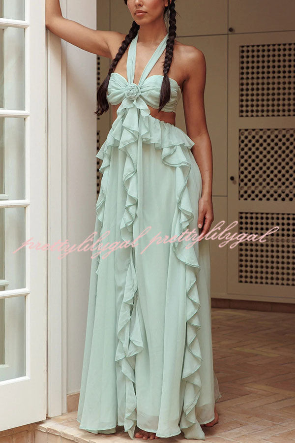 Gorgeous Vacation Halter Rose Detail Cut Out Ruffles Backless Maxi Dress