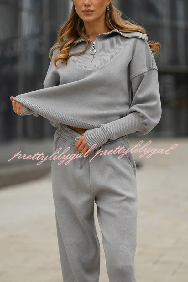 Solid Color Long-sleeved Zip-up Sweatshirt and Elastic Waist Loose Pocket Pants Set