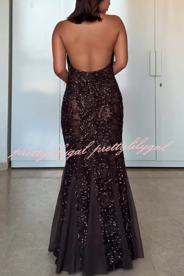 Twilight Gleam Sequin Textured Tulle Hem Halter Backless Maxi Dress