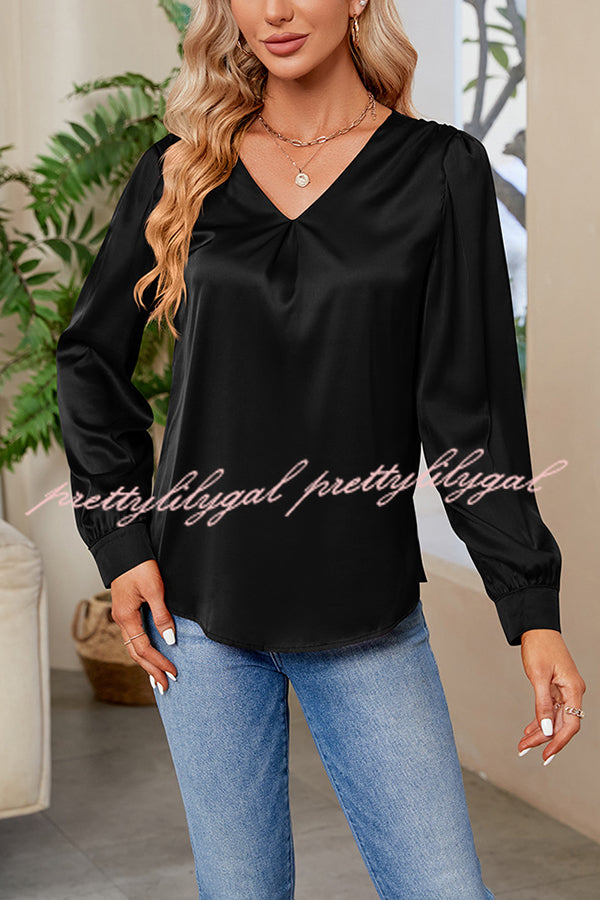 Satin Pleated V-neck Long-sleeved Loose Shirt