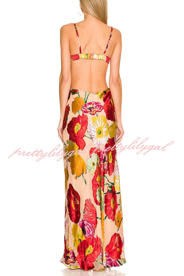 Hawaiian Dreams Satin Floral Print Cutout Backless Maxi Dress