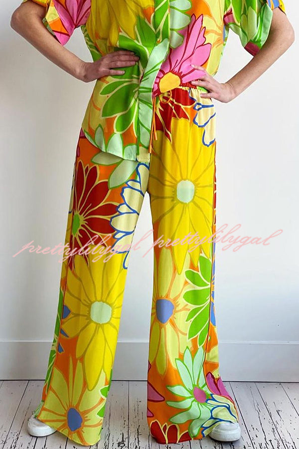 Colorful Flowersl Print Short-sleeved Loose Shirt and Elastic Waist Pocket Pants Set