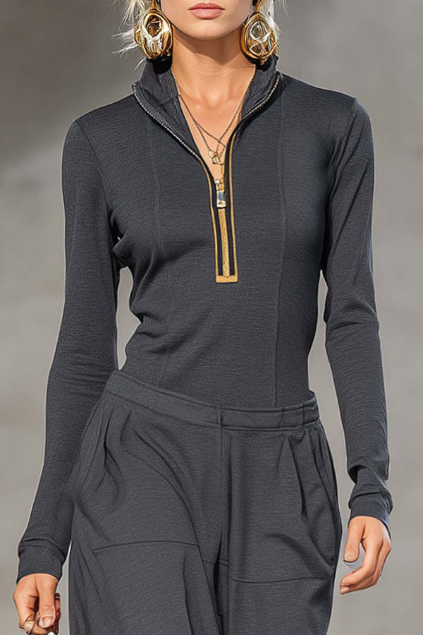 Solid Color Zip-up Long-sleeved Top and Casual Pocket Wide-leg Pants Set