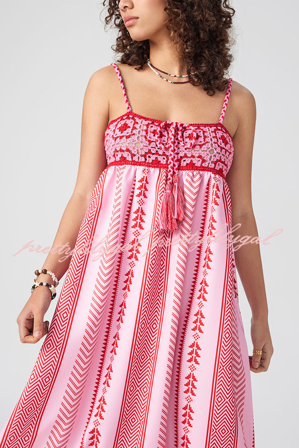 Unique Printed Patchwork Fringed Lace-up Maxi Dress