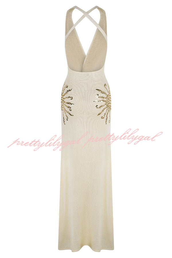 Sparkling Nights Knit Sunburst Sequin Detail Back Cross Straps Stretch Maxi Dress