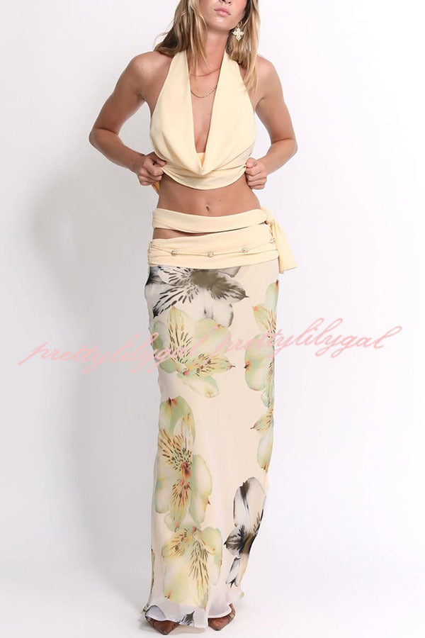 Beautiful Statement Cowl Neck Halter Tank and Floral Ruched Waist Slit Maxi Skirt Set