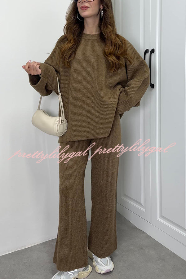 Solid Color Loose Long-sleeved Knit Top and Elastic Waist Casual Straight Leg Pants Set