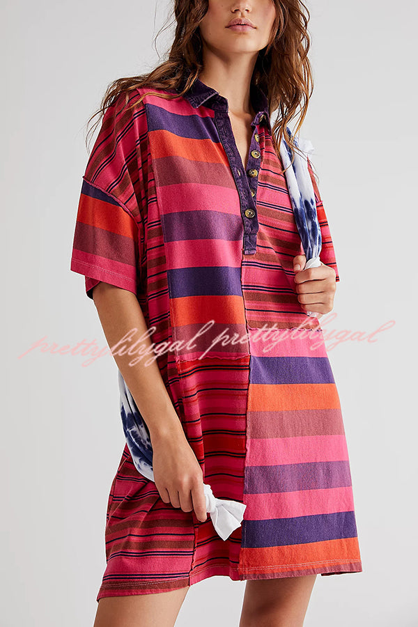 Contrast Striped Patchwork Denim Lapel Loose Casual Mini Dress