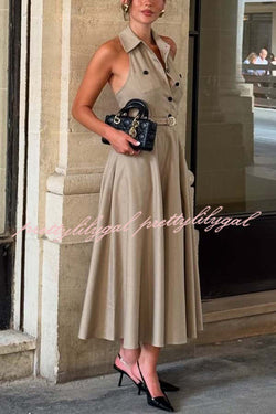 Charmed To Meet You Button Up Belted Pocket Halter Shirt Flare Midi Dress