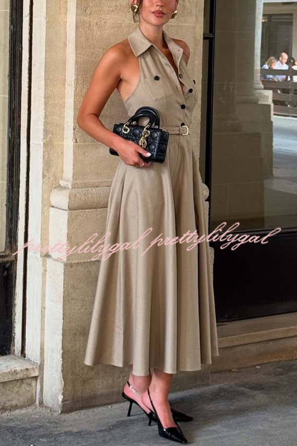 Charmed To Meet You Button Up Belted Pocket Halter Shirt Flare Midi Dress