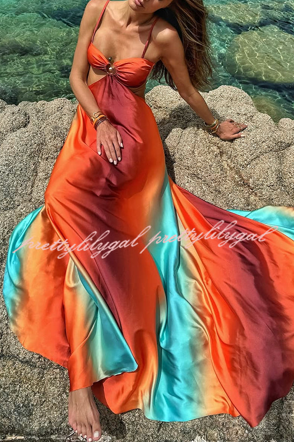 Neon Sunset Printed Metal Decoration Cutout Back Tie-up Vacation Maxi Dress