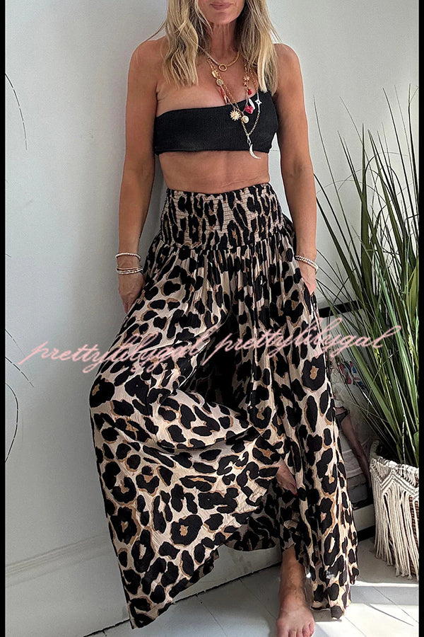 Stella Leopard Print High Rise Smocked Waist Pocketed Wide Leg Pants