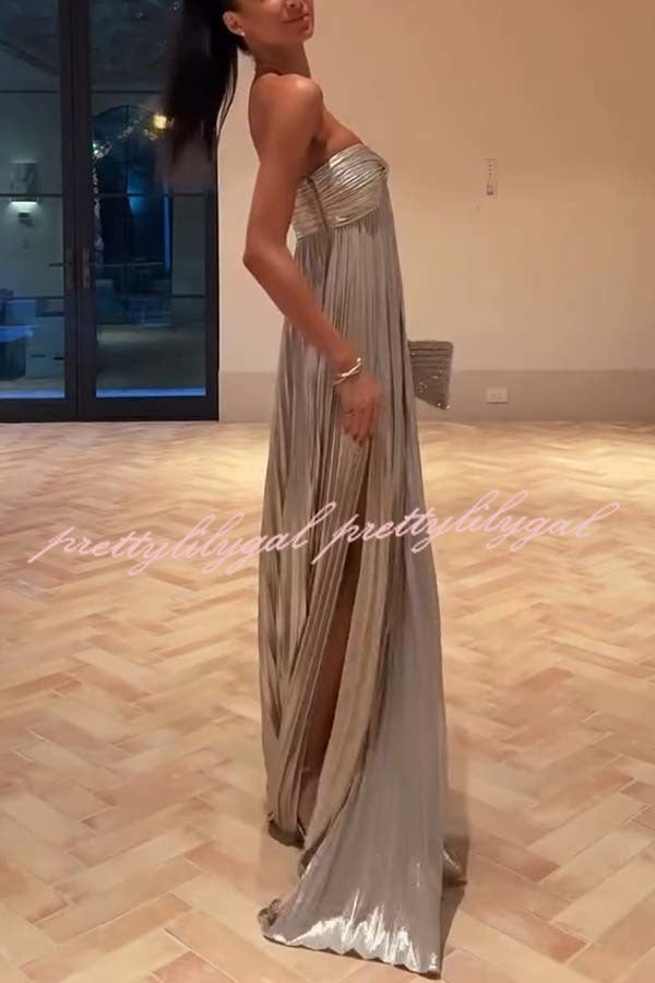 Night Elf Metallic Fabric Pleated Off Shoulder Twist Bust Slit Maxi Dress