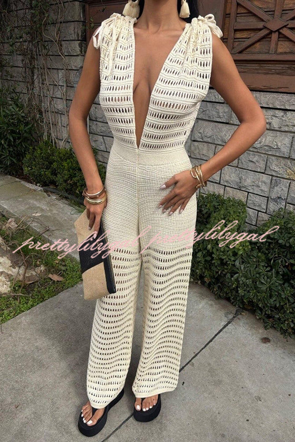 Solid Color Knitted V-neck Holiday Hollow Casual Jumpsuit