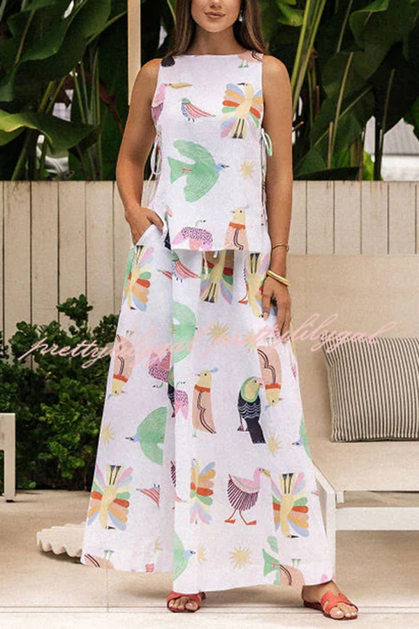 Island Paradise Linen Blend Unique Print Tie-up Slit Tank and Elastic Waist Pocketed Maxi Skirt Set