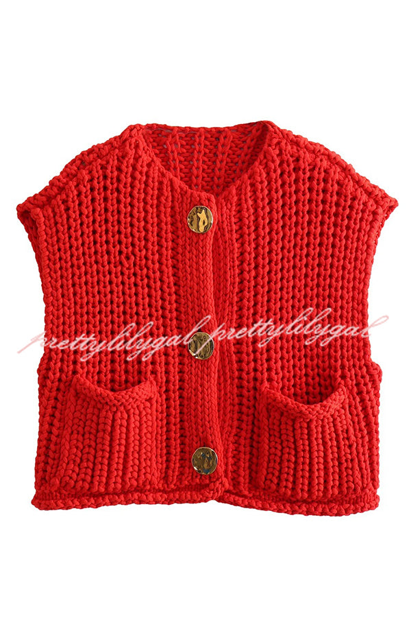 Solid Color Sleeveless Pocket Knitted Vest