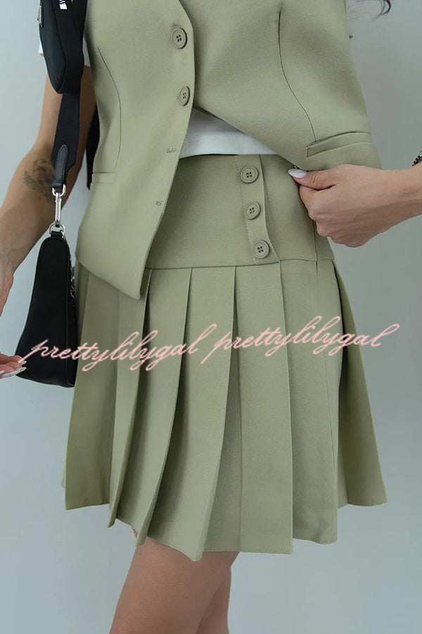 Solid Color Sleeveless Buttoned Vest and High-waisted Pleated Mini Skirt Set