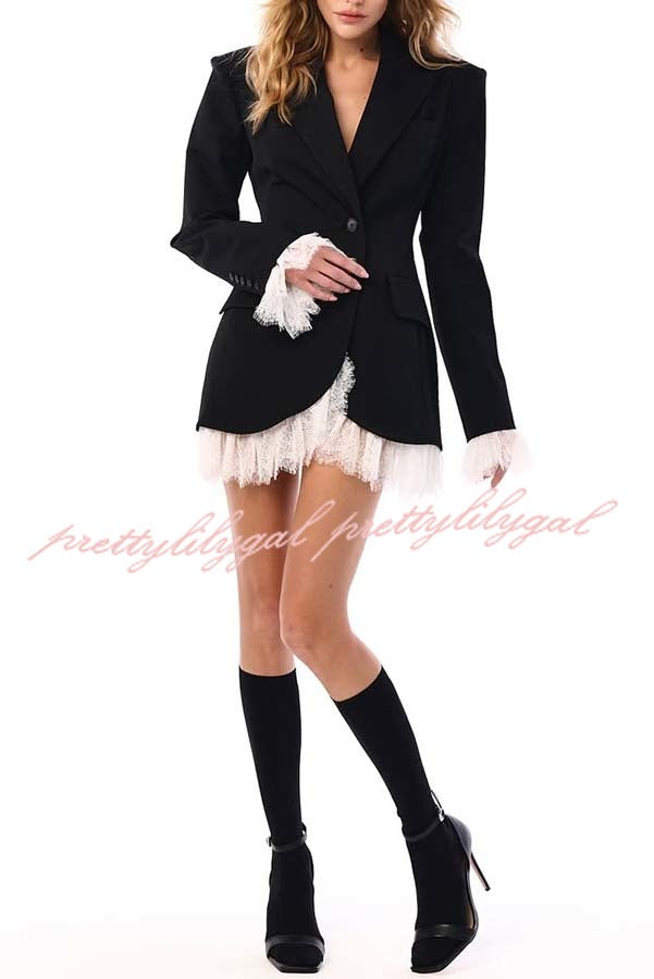 Cue The Chic Lace Trim Button Long Sleeve Lapel Blazer Mini Dress