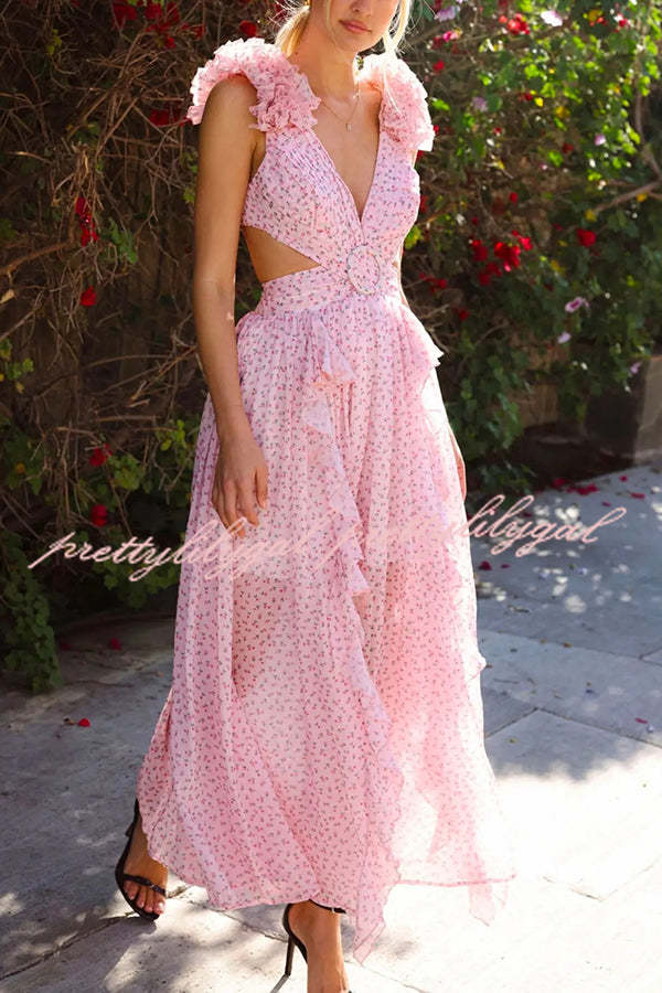 Wedding Dreams Chiffon Printed Flutter Sleeve Cutout Back Lace-up Maxi Dress