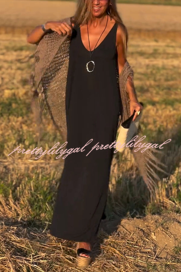 Solid Color V-neck Sleeveless Casual Loose Maxi Dress