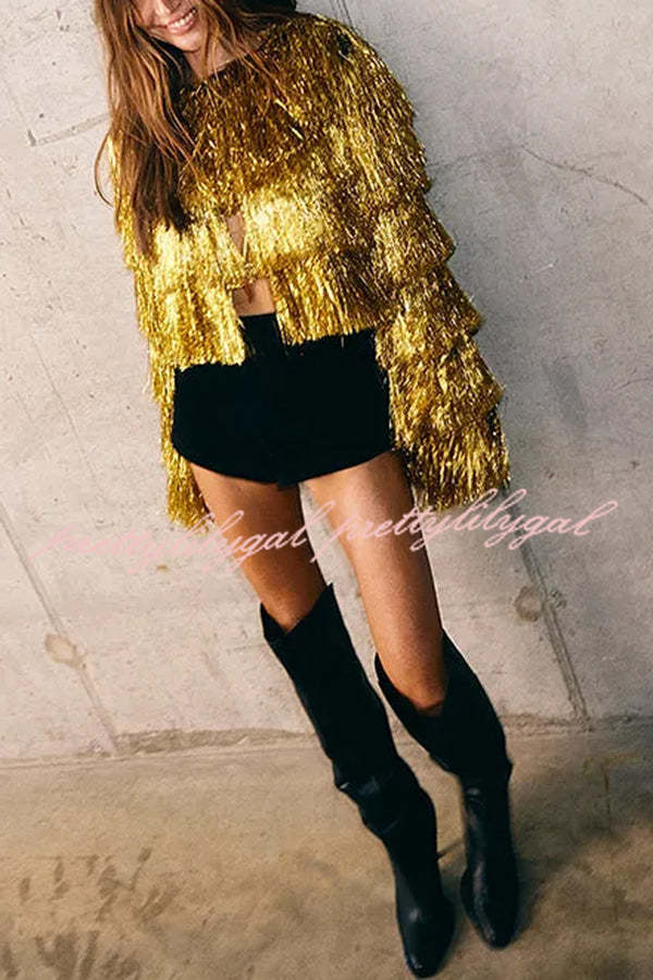 Start The Party Gold Foil Tassels Long Sleeve Jacket