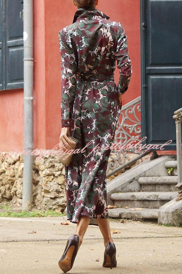 Casual Floral Print Lace Up Buttoned Pockets Long Sleeve Midi Dress