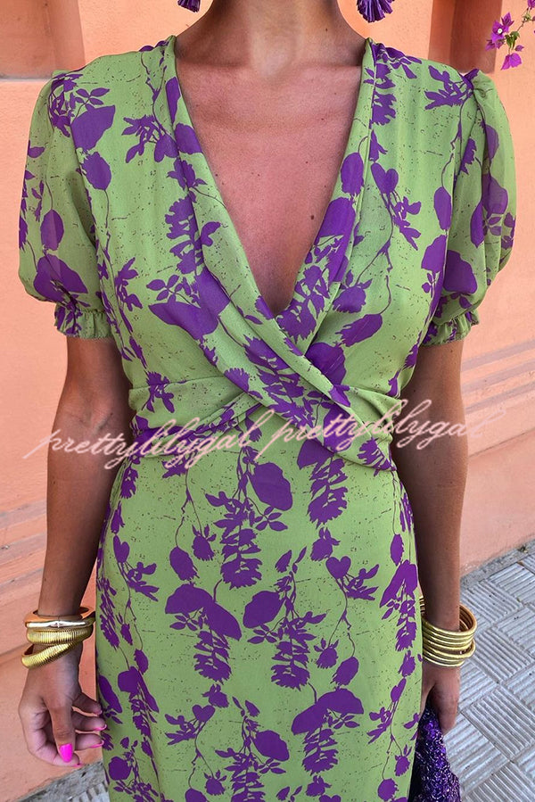 Botanical Print V-neck Puff Sleeve Tie Waist Midi Dress