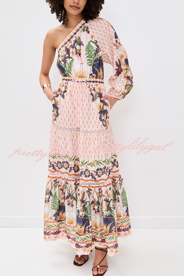 Dream Garden Unique Print One Shoulder Elastic Waist Pocket Maxi Dress