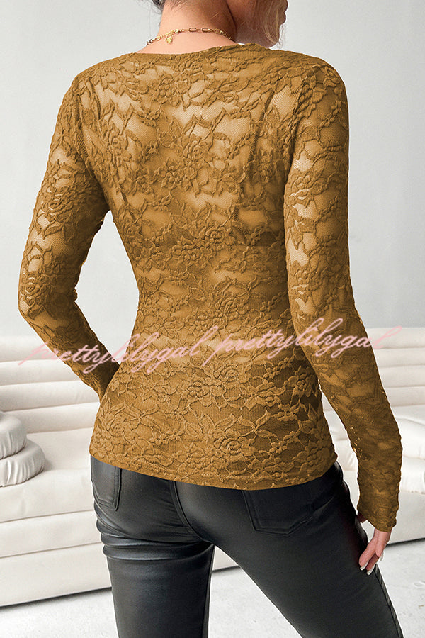 Solid Color Lace V-neck Long-sleeved Slim-fit Top