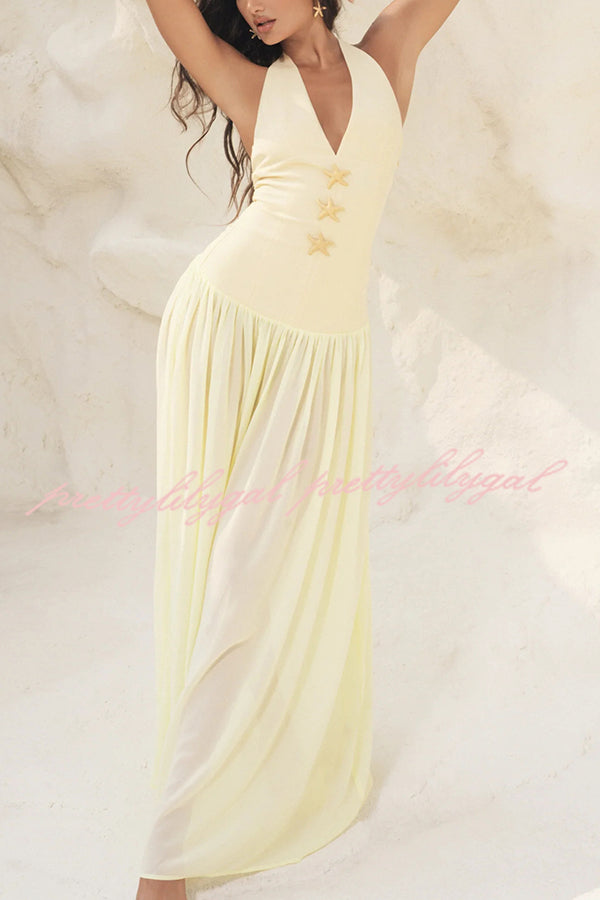 Giselle Gold Starfish Hardware Halter Back Lace-up Tulle Maxi Dress