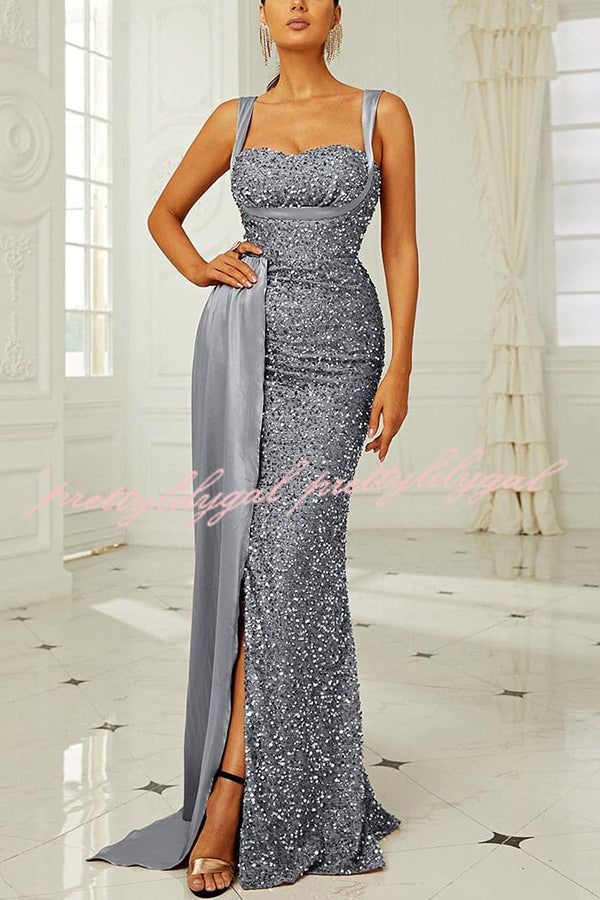 Banquet Sequined Backless Strappy Fishtail Maxi Dress