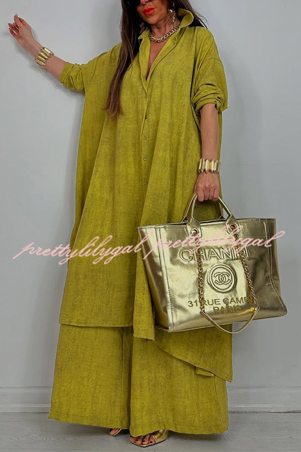 Solid Color Casual Loose Long Shirt and Elastic Waist Pocket Wide Leg Pants Set