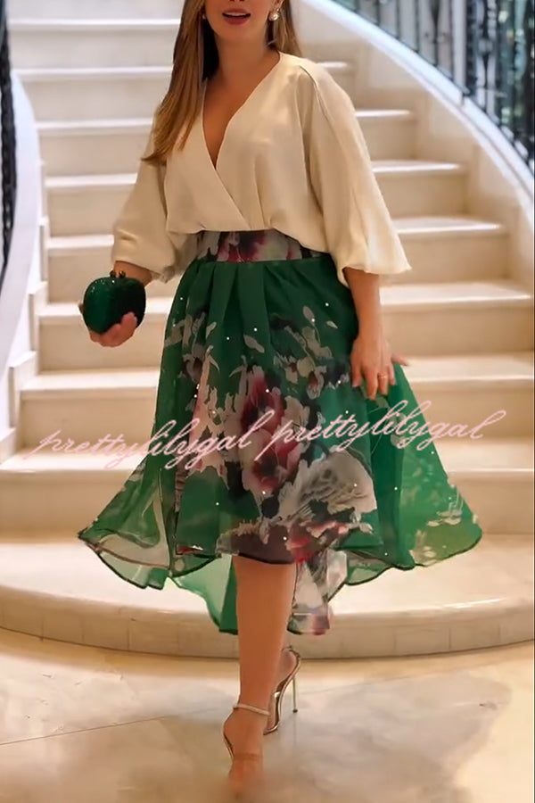 Tessy Batwing Sleeve Top and Floral Elastic Waist Pearls Detail High Low Midi Skirt Set