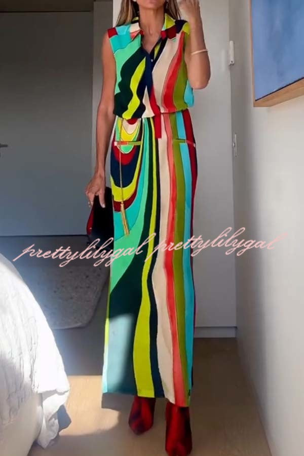 Bold and Elegant Colorful Print Button Up Pocket Shirt Slit H-line Maxi Dress