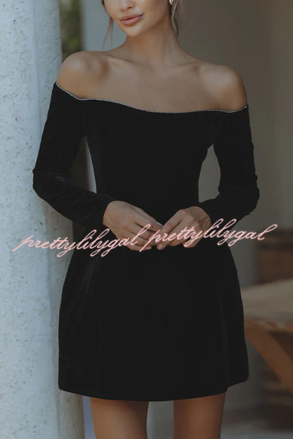 Dear Me Velvet Glitter Trim Off Shoulder Long Sleeve Pocketed Mini Dress