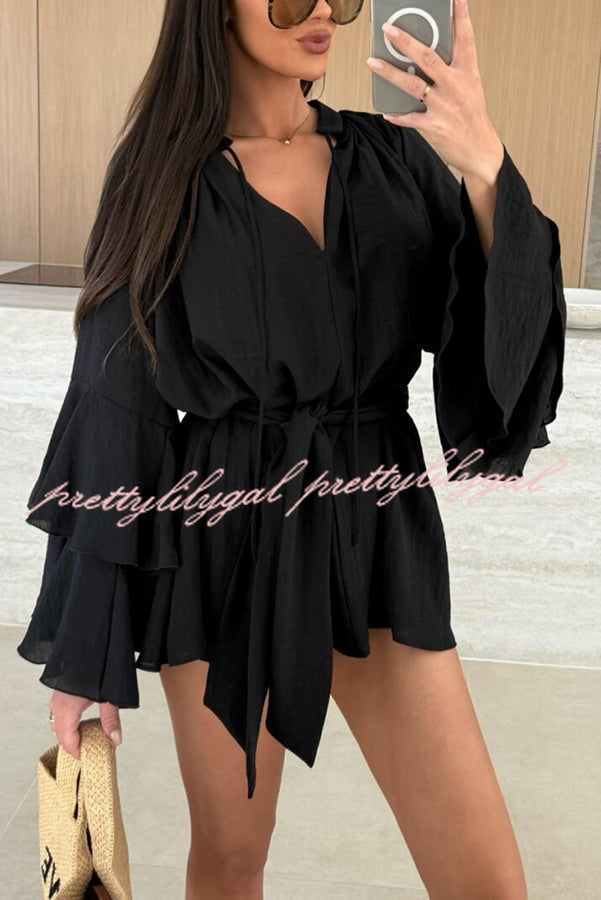 Molly Linen Blend Tiered Bell Sleeve Tie-up Cover-up Mini Dress