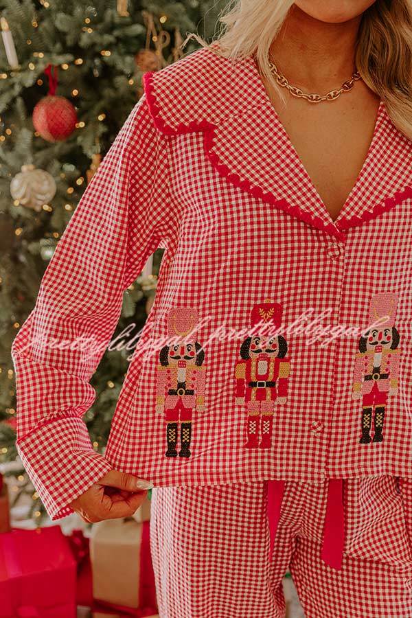 Nutcracker Charm Embroidered Gingham Loose Shirt and Elastic Waist Pajama Set