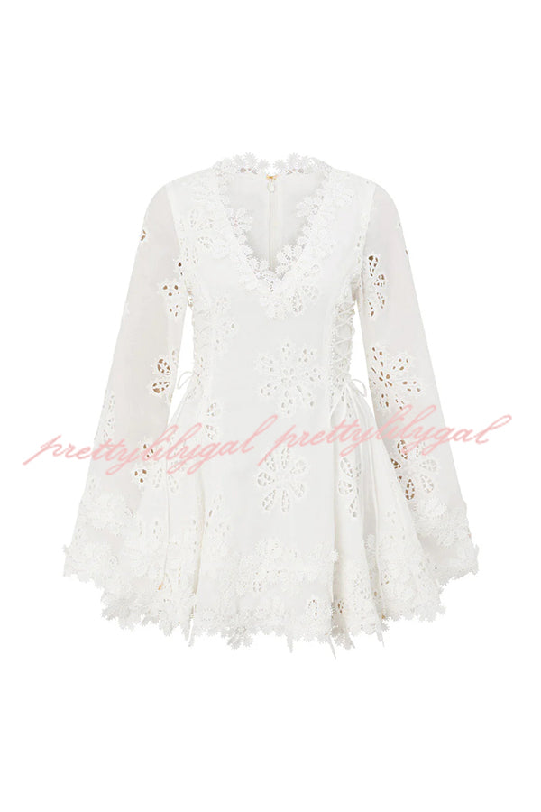 Diaz Embroidery Hollow Fabric Delicate Flower Trim Long Sleeve Side Lace-up Mini Dress