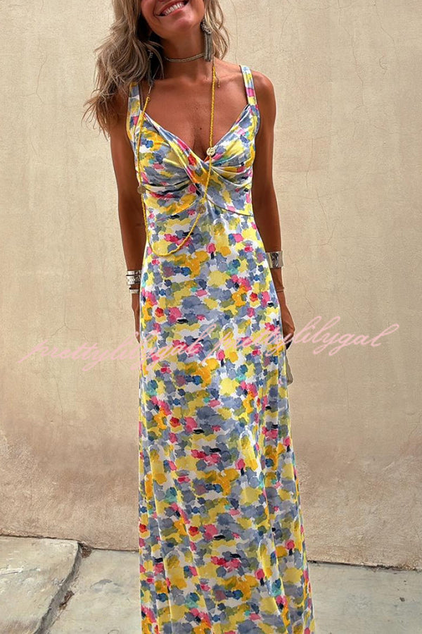 Flora Watercolor Print Crossover Neck Wide Straps Stretch Maxi Dress