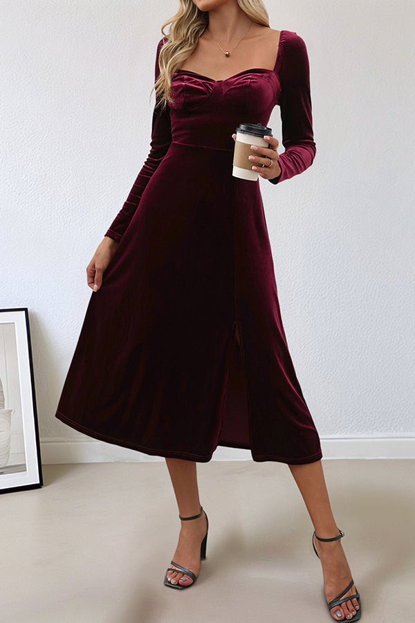 Solid Color Velvet Square Neck Long Sleeve Slit Midi Dress