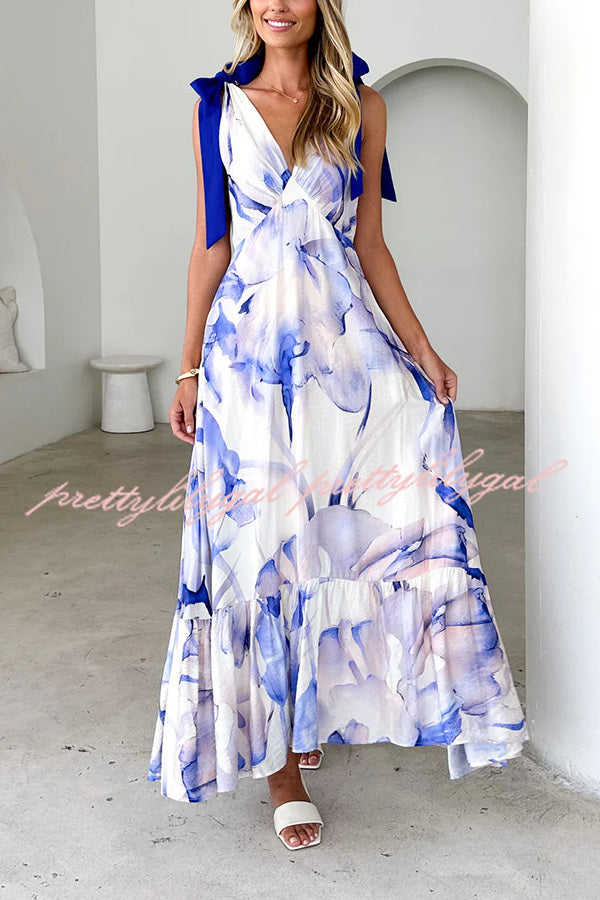 Unique Printed V-neck Sleeveless Lace-up Waist Maxi Dress