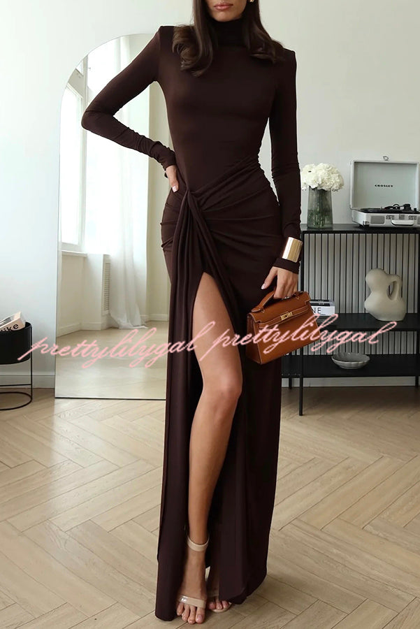 Luxe Silhouette High Neck Shoulder Pads Drape Stretch Maxi Dress