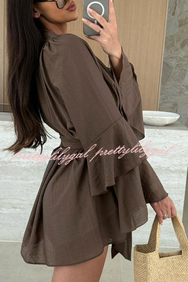 Solid Color V-neck Ruffled Long Sleeve Waist Tie Mini Dress