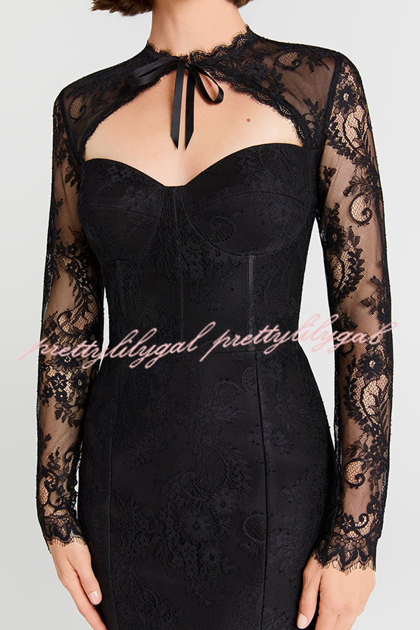 Mylene Lace Corset Cut Sweetheart Tie-up Neck Sheer Long Sleeve Slit Midi Dress