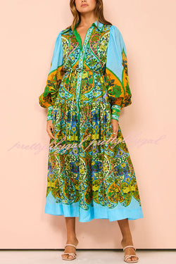 Feeling Butterflies Multi Unique Print Balloon Sleeve Belt Shirt Midi Dress