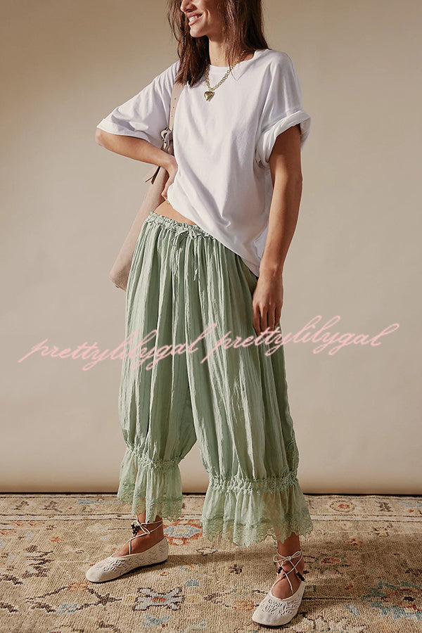 Pastoral Style Elastic Waist Lace Hem Bloomer Pants