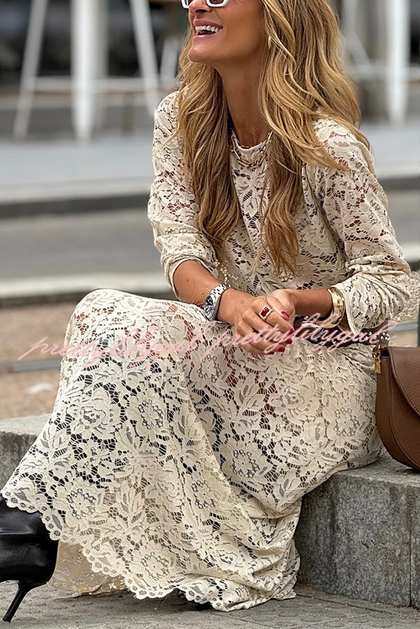 Hippie Elegance Lace Long Sleeve Crewneck Maxi Dress