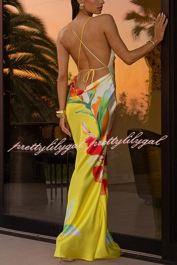 Luisa Satin Floral Print Cowl Neck Sexy Open Back Tie-up Maxi Dress