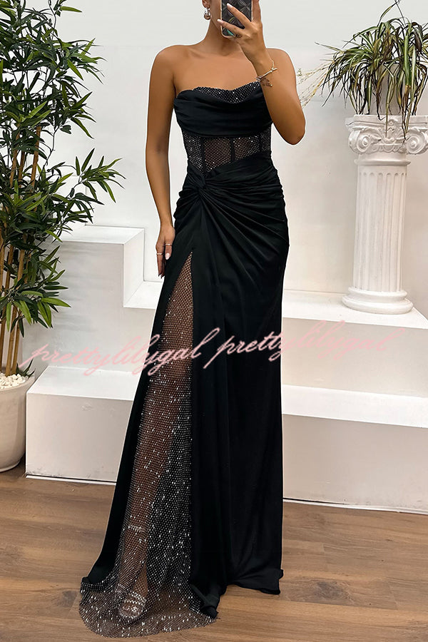 Audrey Satin Paneled Mesh Sequin Fabric Off Shoulder Ruched Drape Maxi Dress