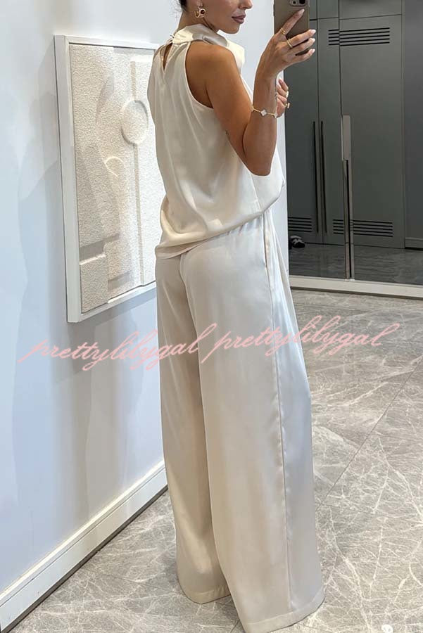 Classic on You Satin High Cowl Neck Top and Elastic Waist Pocket Loose Pants Set